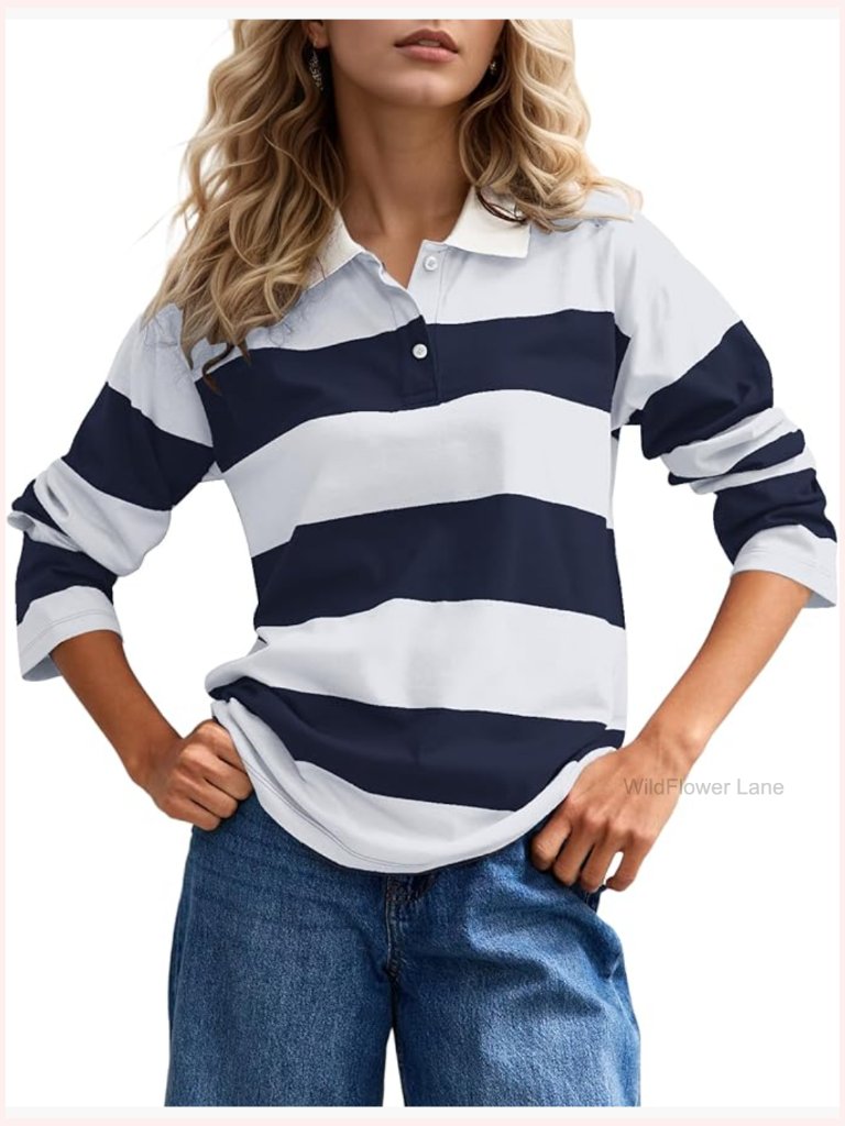 Striped Long Sleeve Polo Shirt Color Block Lapel V Neck Workout Top Loose Fit